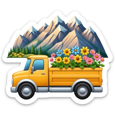 truck with mountains and flowers in the truck bed sticker