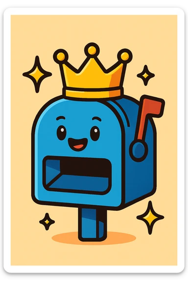 mailbox with a crown and sparkles, showing high reputation, vibrant cartoon style sticker
