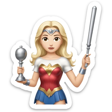 Blonde Wonder Woman holding bell and short white orchestra conductor’s baton  sticker