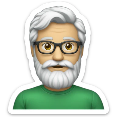 un homme d'une cinquantaine d'années avec un barbe blanche coupée courte cheveux gris  avec des lunettes vertes et sweatshirt gris foncé sticker
