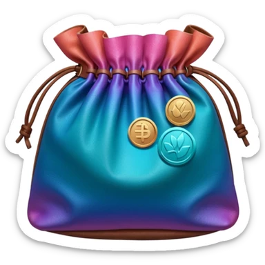 coins  inside a brown leather bag Coins color -in gradient of turquoise, blue, pink, purple, and coral sticker