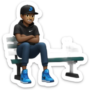 smiling boy,in black , sentado en un banco, con gorra, zapato Nike color negro con azul sticker