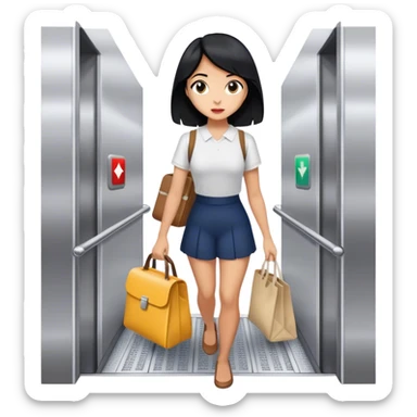 Going down an elevator ready for work with lunchbox and tote bag girl with black hair  sticker