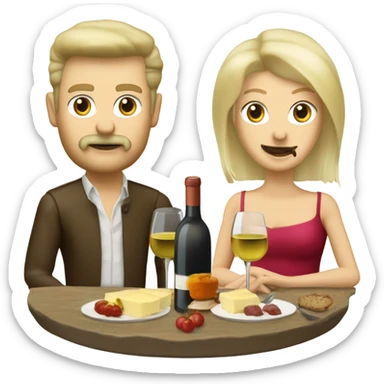 Repas raclette et deux verres de vin blanc en couple 50 ans, femme blonde cheveux aux-dessus des épaules homme petite barbe et moustache grisonnantes et cheveux bruns sticker