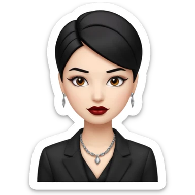 “Emoji girl, sculpted contour, bold dark lipstick, defined brows, sharp eyeliner, sleek black hair updo, statement necklace, black blazer.” sticker