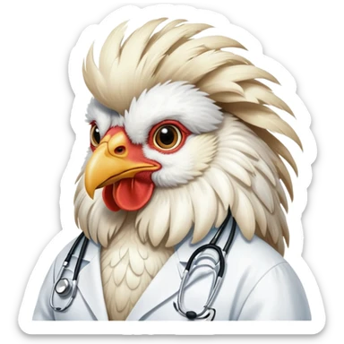 A White Silkie Bantam rooster dressed like a doctor.  The head feathers look like a large, fluffy wig.  sticker