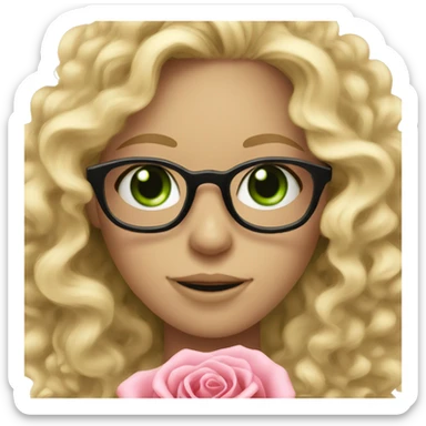 Curly blonde girl with thin pink glasses and green eyes smilling and holding rose sticker