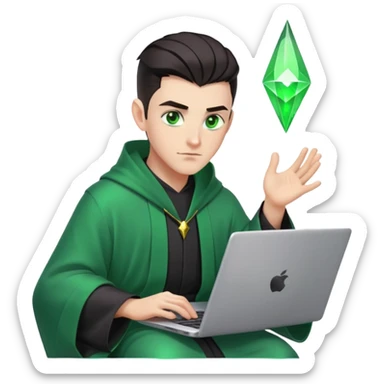 male wizzard with dark hair, mid fade haircut, slick back hairstyle, green eyes, dark robe green aura coding on laptop sticker