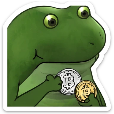 bufo frog (pepe) with a single coin in hand sticker