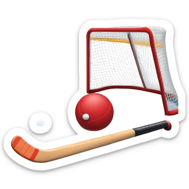 A red ball and hockey stick resting on an ice rink, with the goalposts and clear markings in the background. The scene captures the unique nature of field hockey with a ball on ice, emphasizing the speed and precision of the sport in a cold, competitive atmosphere. sticker