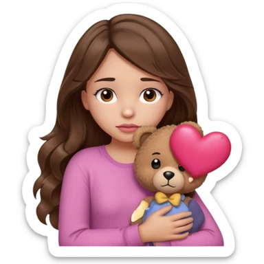 girl with long wavy brown hair, brown eyes, light to medium complexion, in a pink shirt, pink lips, long lashes, sad, hugging a teddy bear with a  heart sticker