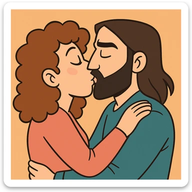 modern cartoon style of a white woman with curly brown hair and a white man with long hair and black beard kissing, bright colors, simple background sticker