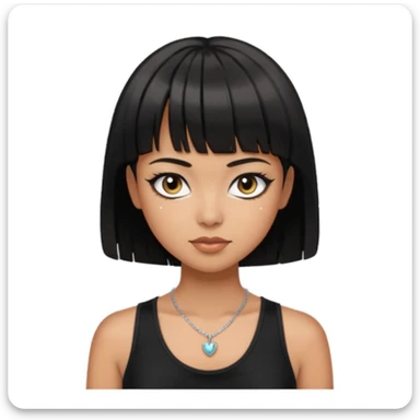 Make an emoji that is a bit fat but also a bit skinny at the same time, has black short hair with bangs, has eye liner and mascara on, has a black tanktop on, and has a necklace on  sticker
