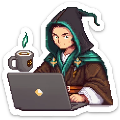 classic wizard upper body coding on a laptop, wearing dark robe, drinking coffee sticker