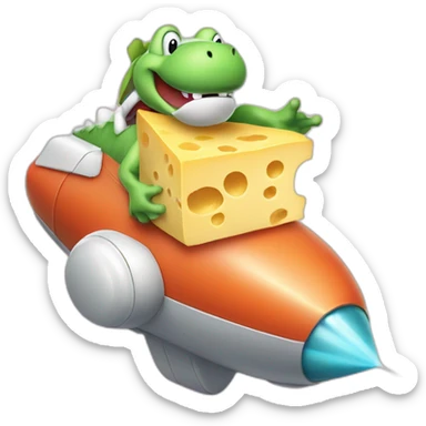 Yoshi in a rocketship with a block of cheese in is hand sticker