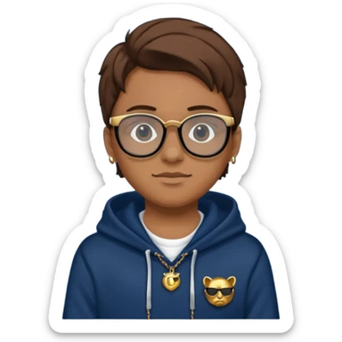 Brown hair with black glasses and lends have black and a dark blue hoodie that says caylus kingdom with black pants and a gold chain  sticker