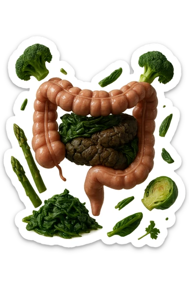 VERDURE COTTE FLUTTUANO IN ARIA INSIEME AD UN INTESTINO CON FECI BLOCCATE NEL COLON, iperrealistica 4k sticker