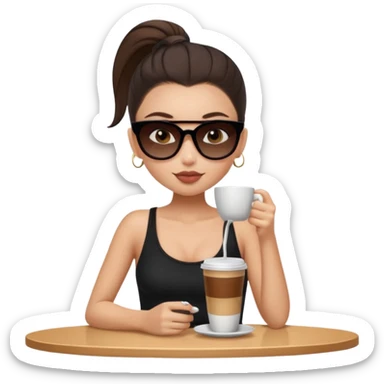 generate a pretty fair bratz girl with dark brown eyes, dark brown eyes tied into a slick back ponytail, thin brown sunglasses. Wearing a black cami top and drinking coffee, high cheekbones sticker