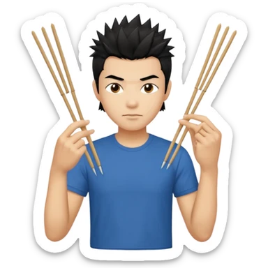 Make it a vietnamese male with spiky black hair hold ONE pair of chopsticks, t-shirt sticker