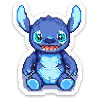 Stitch, the blue alien from Lilo & Stitch, pixel art style sticker
