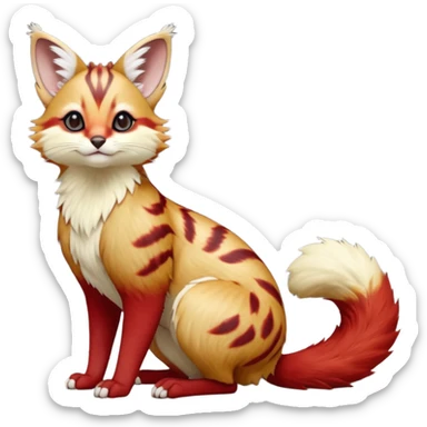 Hyper realistic  cherry-ember red fur blazing against clean ivory chestfire beautiful elegant pretty precious cute  Fakémon-Pokémon-opossum-feline-serval-caracal-chinchilla-Furret-Minccino-hybrid-creature with a big fluffy bushy tail (full body) sticker