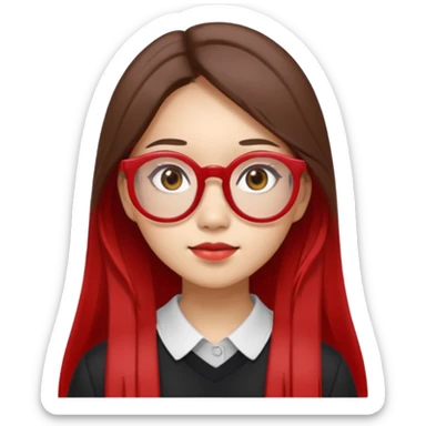 20 yr old asian woman, straight thick long brown hair, middle part, big red glasses, brown eyes sticker