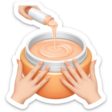 Minimal emoji of hands gently applying skincare cream, soft nude and peach tones, clean beauty aesthetic, calm and elegant, subtle glow sticker