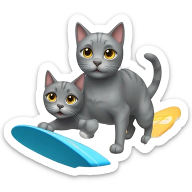 Gray cat surfing with dog sticker