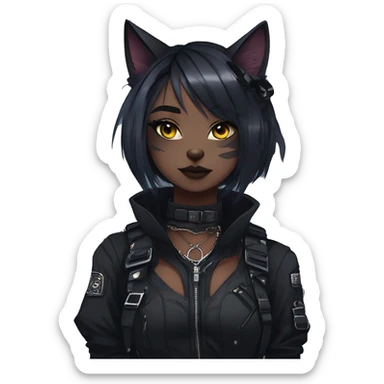 Gorgeous gothic dark techwear cyberpunk anime style sona anthro cat, aesthetic, and pretty edgy black with collar and harness, trending style sticker