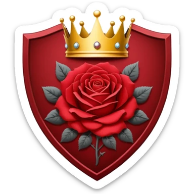 Flat vector  No gradients  Deep red (#7A0F1E)  Transparent background  High contrast  Clean gothic shield aesthetic with a rose and a crown  Designed to be readable at 128x128px sticker