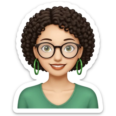 Slim, very slender woman with light skin, short dark curly hair, large brown eyes, black round glasses, big green earrings, thin arms and narrow shoulders, warm wide smile, friendly and intelligent expression. sticker