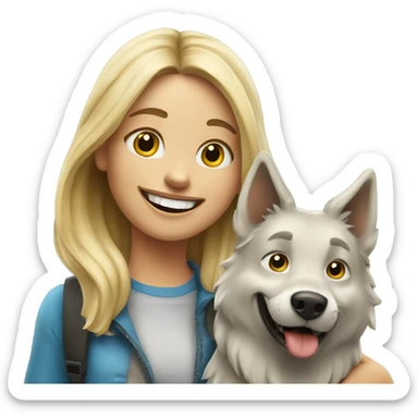 happy blond girl with Wolf dog outdoors sticker