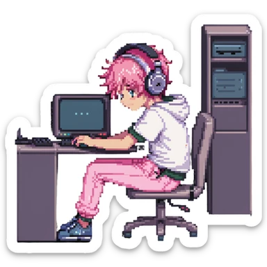boy in pink pants sitting at a computer listening to music with headphones sticker