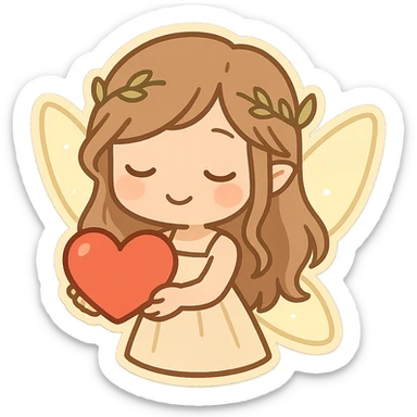 mythical emote showing care and affection, gentle fairy with glowing wings offering a heart, magical and whimsical, suitable for a friend sticker