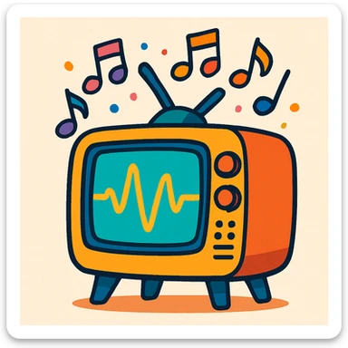 A CRT television displaying a waveform on its screen, with colorful musical notes floating upward from the TV, visually engaging, vibrant toon style sticker