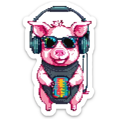 a cool pig playing music with headphones and sunglasses sticker