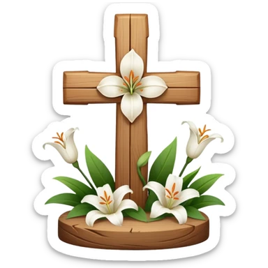 A wooden cross with lilies around the base sticker