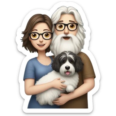 Hyperrealist pregnant girl with half long brown hair with glasses, a boy with long beard, glasses and short hair and english sheepdog sticker