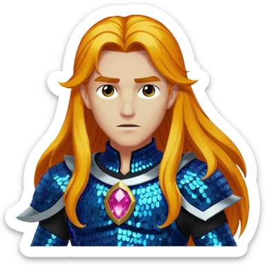 Ares from Lore Olympus with long amber hair, amber sequin outfit sticker