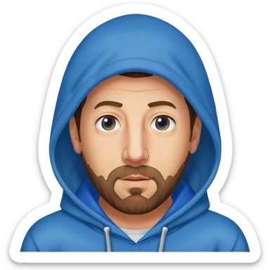 Adam Sandler with a beard in a blue hoodie, hood on sticker
