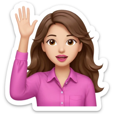 girl with long wavy brown hair, brown eyes, light to medium complexion, in a pink shirt, pink lips, long lashes, puckered lips, both hands all the way up in the air, cheering sticker