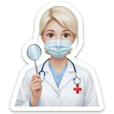 A minimalistic bust of a dentist wearing a white medical coat over a light blue scrub top. A simple white surgical mask covers the lower half of the face, leaving expressive yet simplified eyes visible. A small red cross emblem is subtly placed on the coat. The dentist holds a tiny, minimalistic dental mirror or tool in one hand. Behind the figure, a subtle abstract symbol, like a tooth icon or a heartbeat line, reinforces the dental theme. The design is sleek and modern, with smooth lines and soft shading, following a minimalist emoji style. sticker