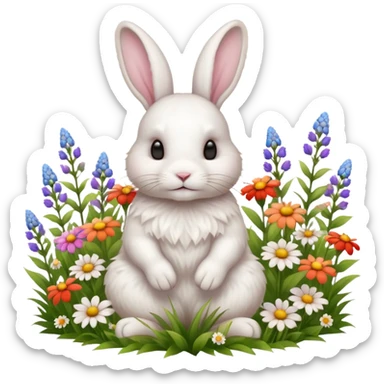 A fluffy white rabbit sitting in a meadow full of colorful flowers, ultra-realistic, high detail, soft morning light sticker