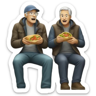 two old men eating shawarma on a bench on a park sticker