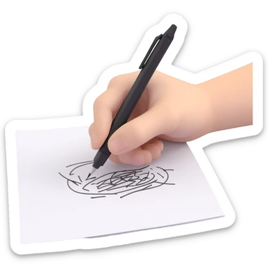 A hand holding a pen, aggressively scribbling on a piece of paper. The pen is clearly visible. The paper is filled with random black scribbles, so dense that most of it looks nearly black sticker
