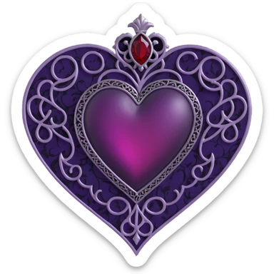 gothic heart, deep purple satin, ornate silver filigree, black lace trim, faint purple glow, with a blood red teardrop gem sticker