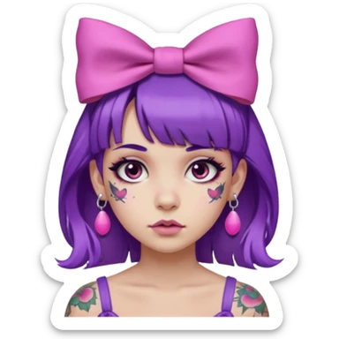 girl with bangs and purple hair and pink hairbow on the side of head and earrings and heavy face tattoos sticker