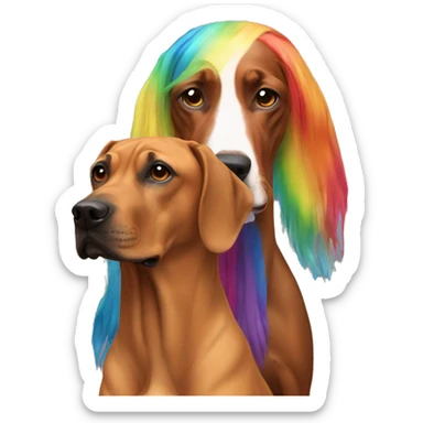white man with long rainbow colored hair next to a brown rhodesian ridgeback sticker