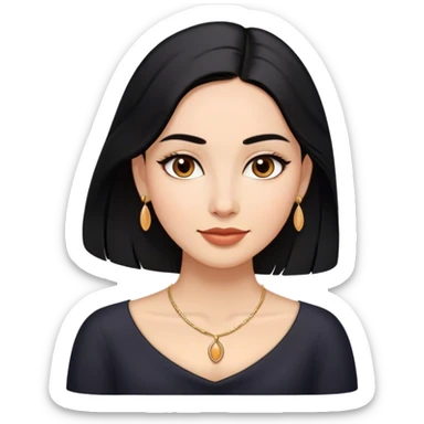 Oval face, medium warm skin, almond-shaped dark brown eyes, arched eyebrows, full lips, long sleek black hair (center-parted), small earrings, delicate necklace, and a confident slight smile. sticker