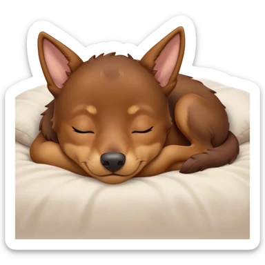 Meme-Worthy Cute Sleeping Brown and Tan Kelpie Portrait Emoji, Head resting peacefully with a contented smile, showcasing a delightfully agile build and a luxuriously soft brown and tan Fur, eyes shut in a serene nap, Simplified yet hilariously adorable features, highly detailed, glowing with a soft, drowsy light, high shine, relaxed and utterly lovable, stylized with an air of playful laziness, bright and heartwarming, soft glowing outline, capturing the essence of a comically sleepy herder, so meme-worthy it feels like it could instantly become the next viral sensation of adorable slumber! sticker